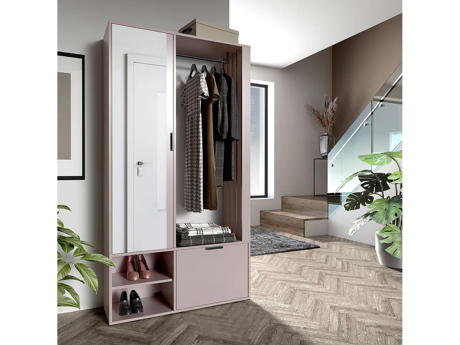 Garderoben-Set mit Spiegel & Sitzbank 100 cm – Flurgarderobe mit Kleiderstange, Ablage, Stauraum – Links oder Rechts – Beige, Kaschmir – Garderobenschrank Lena Uni