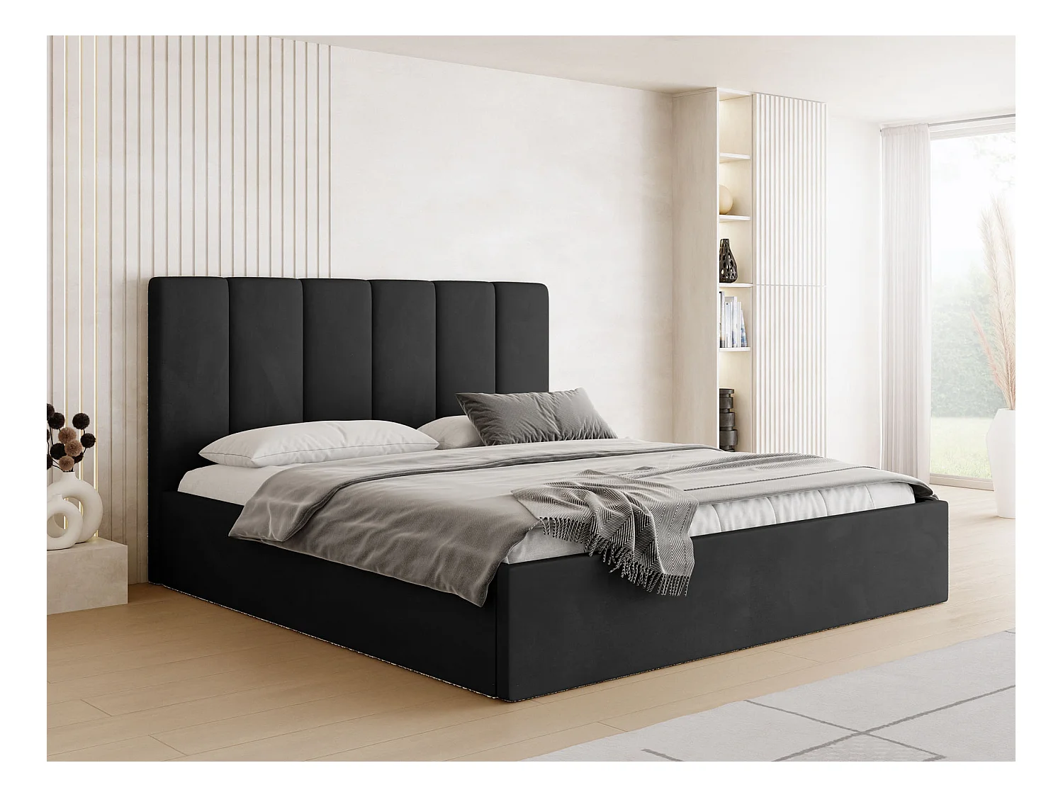 Lit capitonné 180x200 Noir Velours avec coffre – Cadre de lit moderne avec rangement – Amira Slim