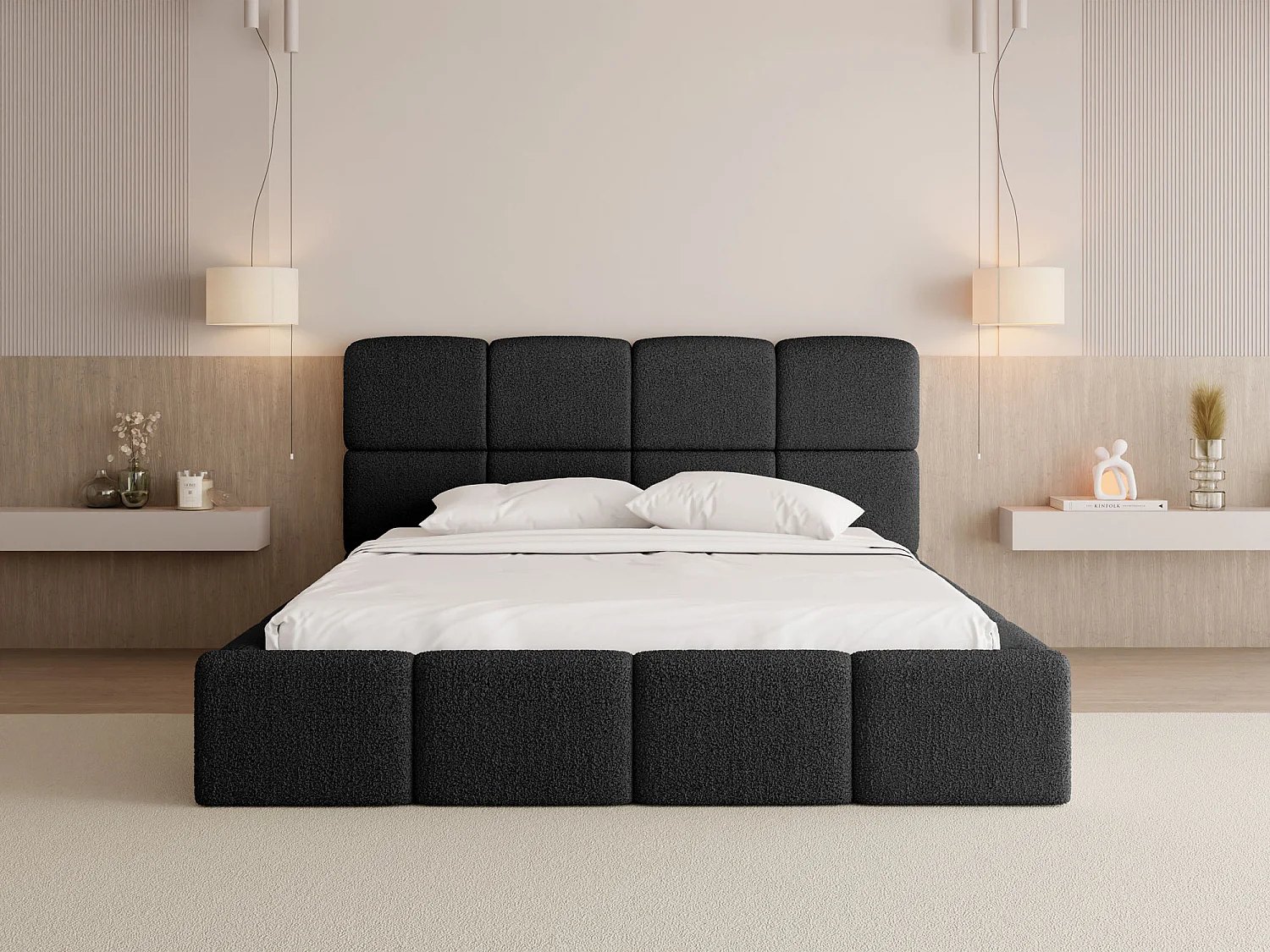 Polsterbett 200x200 mit Bettkasten und Lattenrost – Hohes Kopfteil, Boucle oder Samt Stoff – Modernes Doppelbett – Bettgestell, ohne Matratze – Tivio – Schwarz