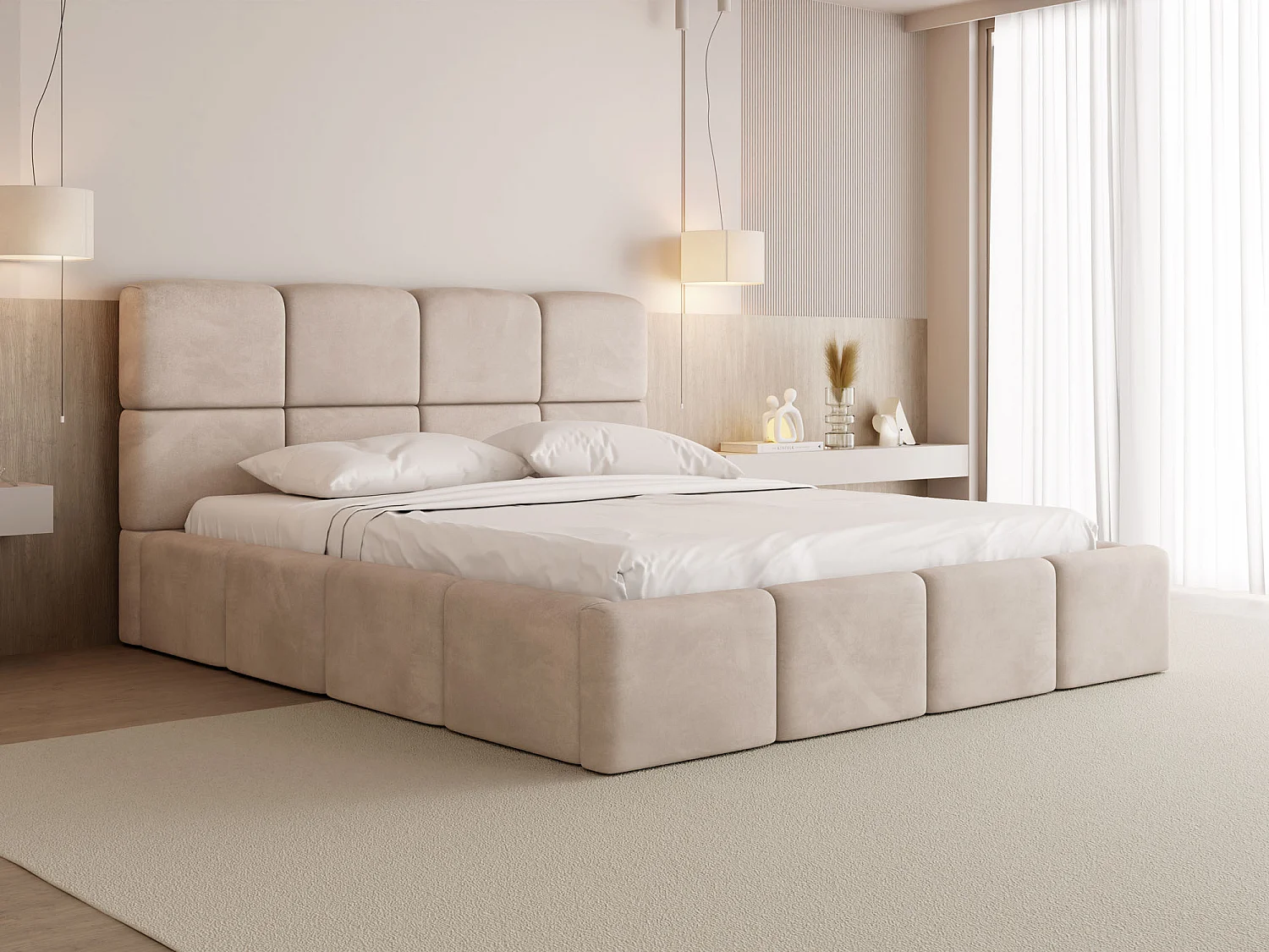 Polsterbett 180x200 mit Bettkasten und Lattenrost – Hohes Kopfteil, Boucle oder Samt Creme – Modernes Doppelbett – Bettgestell, ohne Matratze – Tivio – Beige