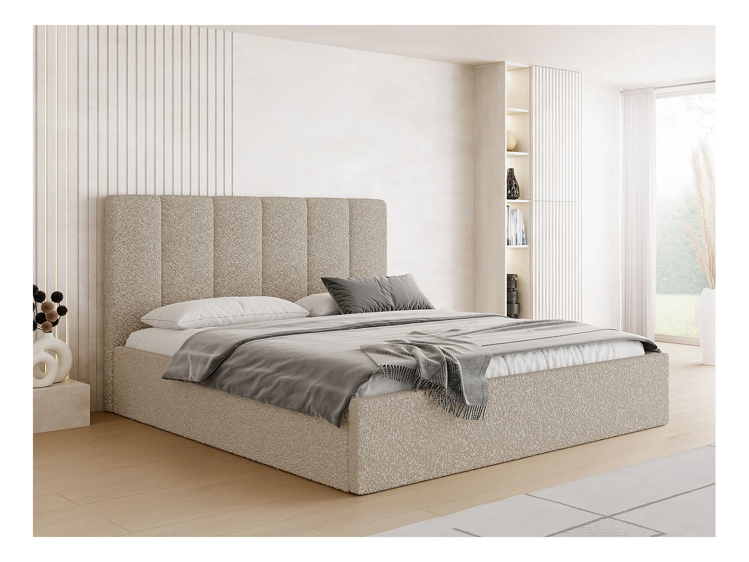 Lit capitonné 120x200 Beige Bouclé avec coffre – Cadre de lit moderne avec rangement – Amira Slim