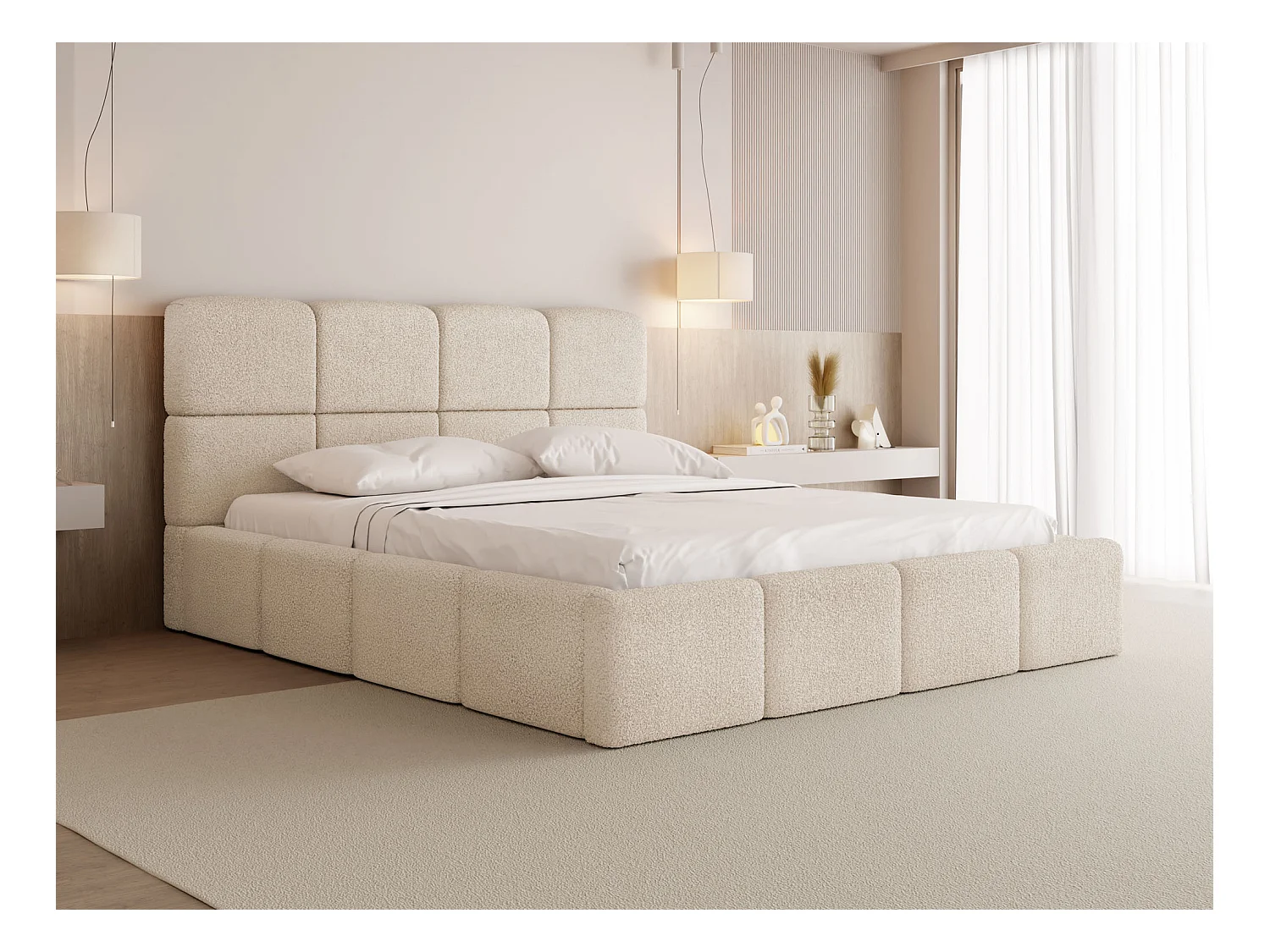 Lit Rembourré 200x200 Lit Coffre avec Rangement – Lit Capitonné Crème en Tissu Bouclette – Lit Double Moderne avec Tête de Lit – Lit Adulte – Tivio – Beige