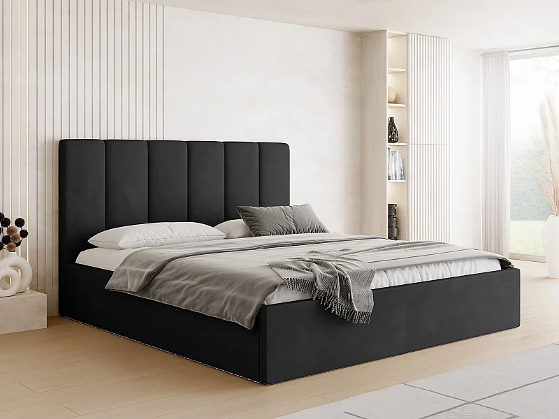 Lit capitonné 140x200 Noir Velours avec coffre – Cadre de lit moderne avec rangement – Amira Slim