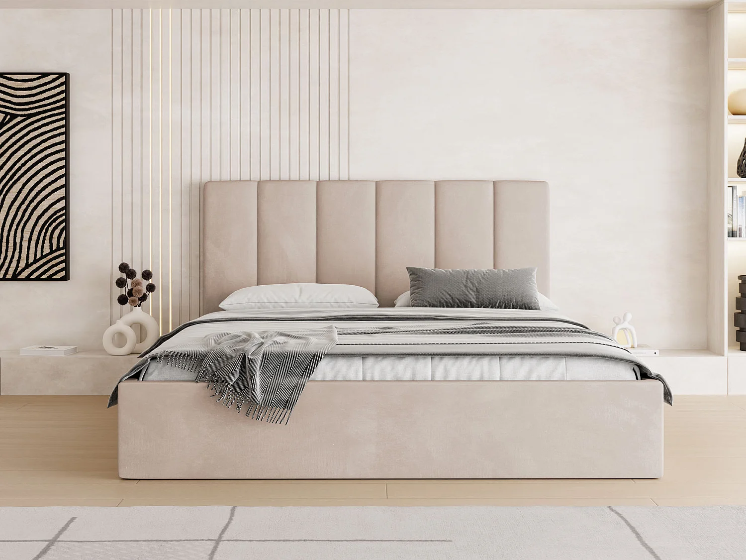Polsterbett 120x200 mit Bettkasten, Lattenrost – hohe Kopfteil, Samt Stoff – Modernes Doppelbett mit Stauraum – Bettgestell, ohne Matratze – Amira Slim – Beige