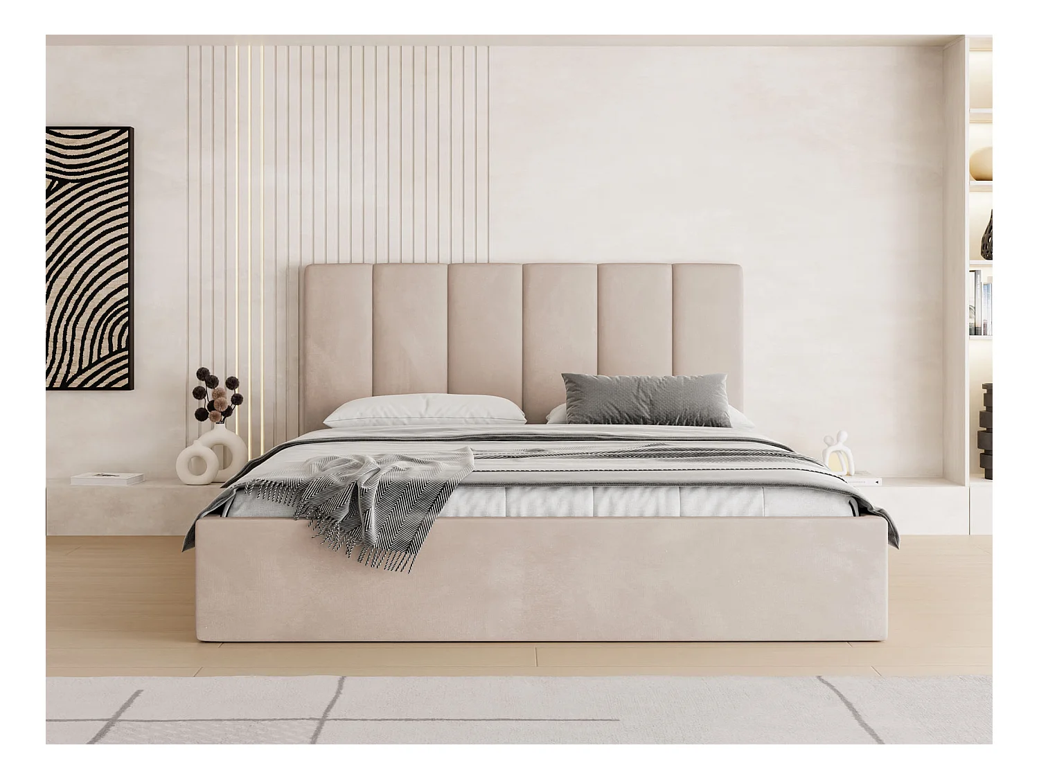 Lit capitonné 140x200 Beige Velours avec coffre – Cadre de lit moderne avec rangement – Amira Slim