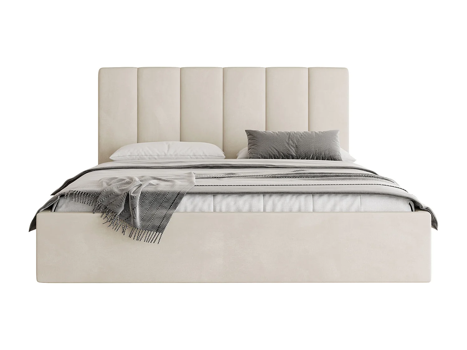 Polsterbett 140x200 mit Bettkasten, Lattenrost – hohe Kopfteil, Samt Stoff – Modernes Doppelbett mit Stauraum – Bettgestell, ohne Matratze – Amira Slim – Creme