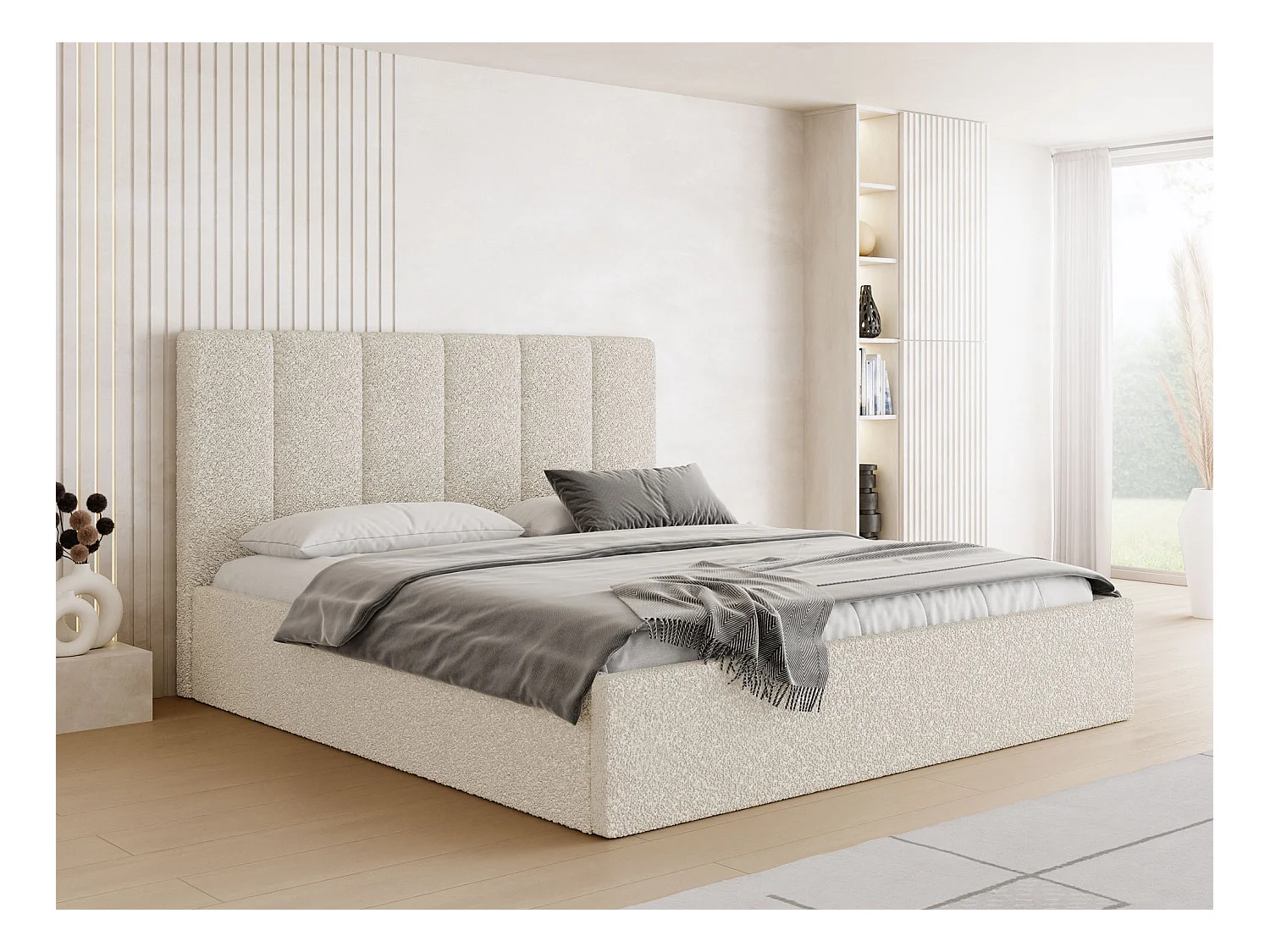 Lit capitonné 200x200 Crème Bouclé avec coffre – Cadre de lit moderne avec rangement – Amira Slim