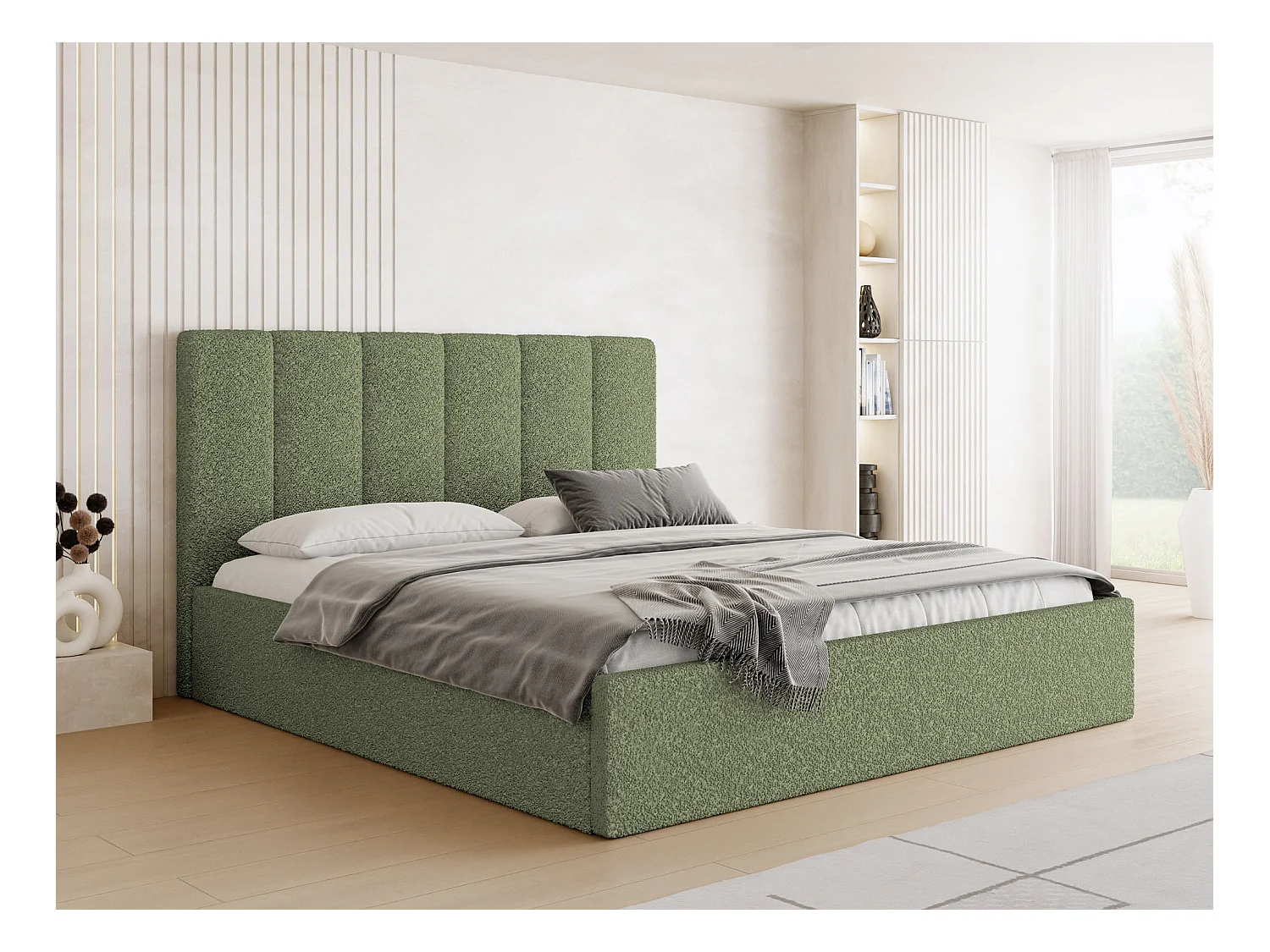 Lit capitonné 120x200 Vert Bouclé avec coffre – Cadre de lit moderne avec rangement – Amira Slim