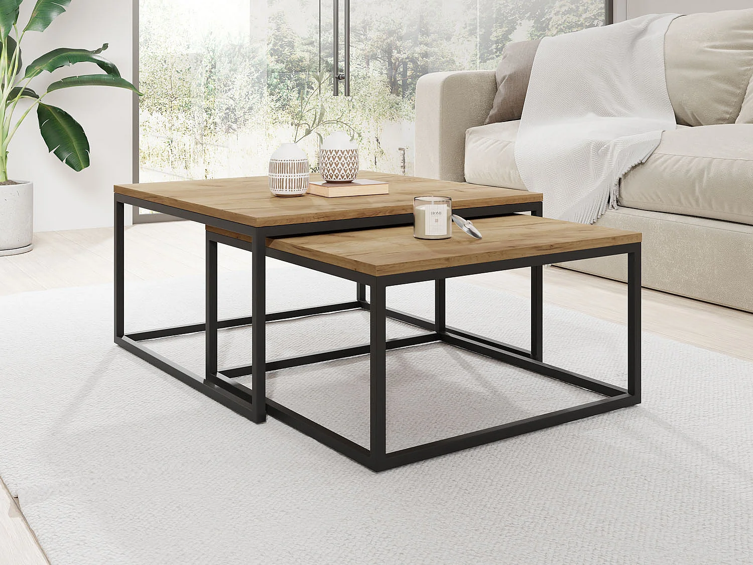 Rechteckige Quadratische Satztische Couchtische mit Gold Gestell - Loft Style Couchtische Metallbeine - 2in1 - Zwei Getrennte Tische für Wohnzimmer - Craft Eiche