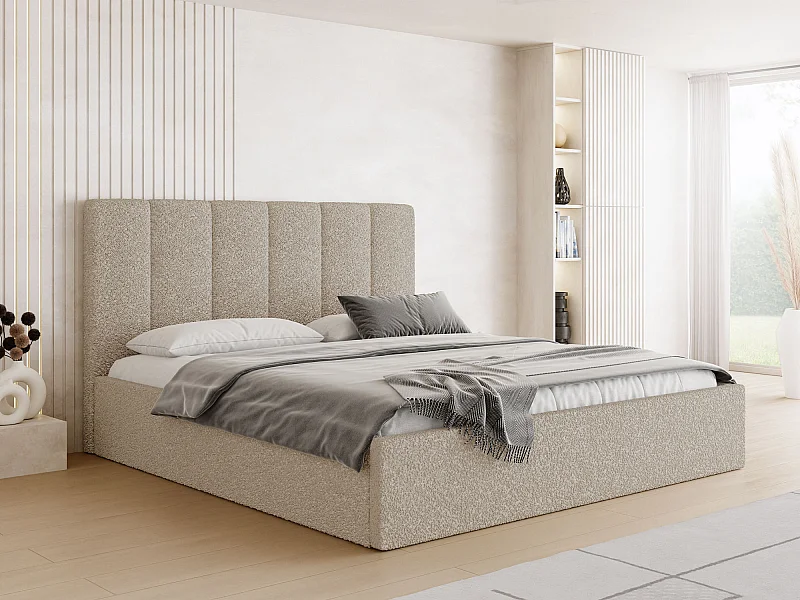 Polsterbett 160x200 mit Bettkasten, Lattenrost – hohe Kopfteil, Boucle Stoff – Modernes Doppelbett mit Stauraum – Bettgestell, ohne Matratze – Amira Slim – Beige
