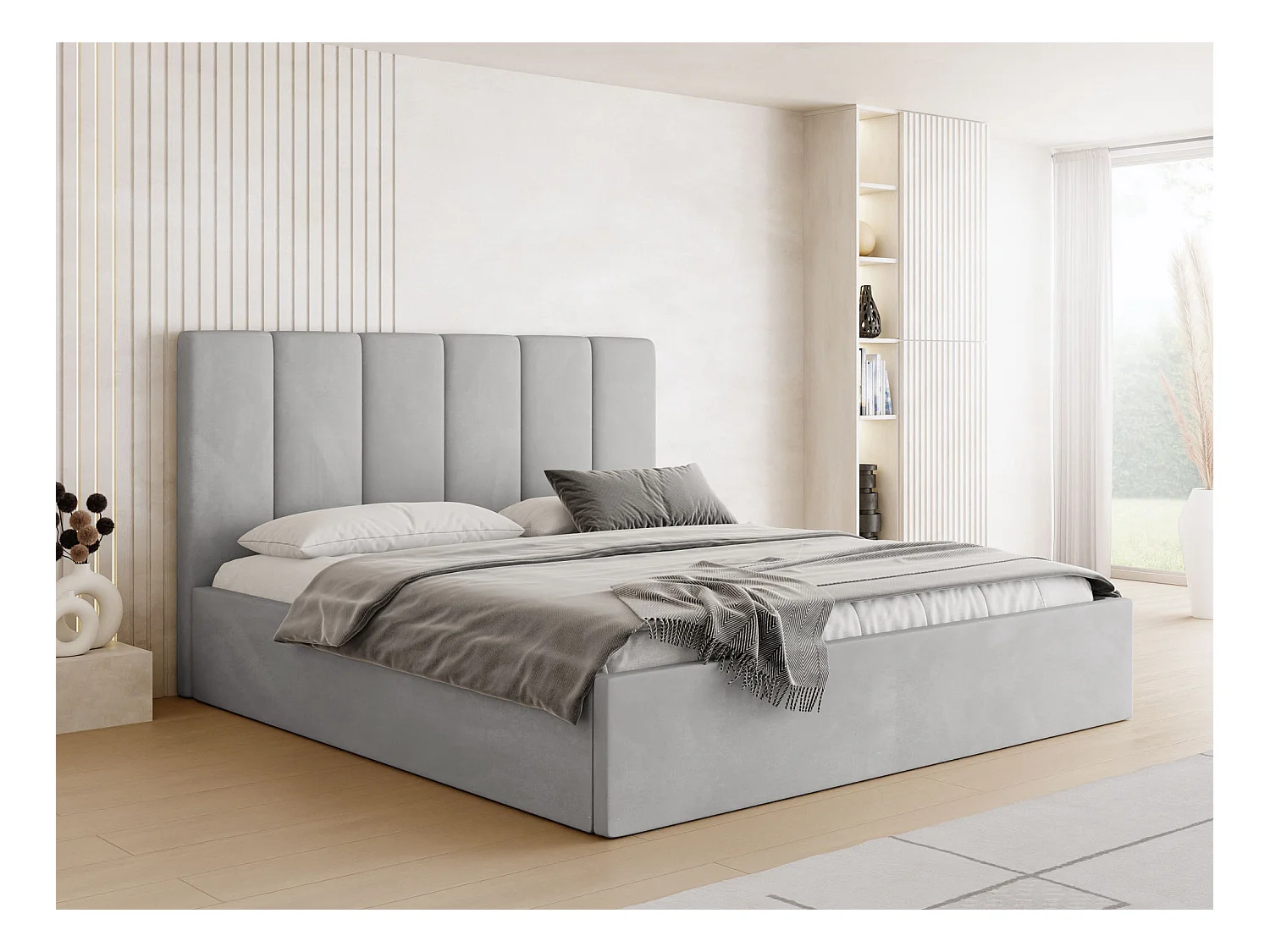 Lit capitonné 180x200 Gris Velours avec coffre – Cadre de lit moderne avec rangement – Amira Slim