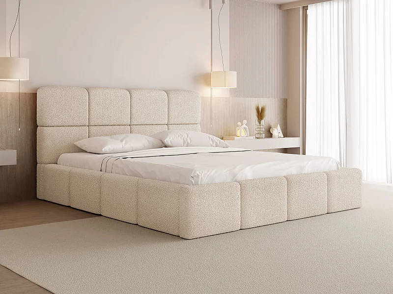 Polsterbett 120x200 mit Bettkasten und Lattenrost – Hohes Kopfteil, Boucle oder Samt Creme – Modernes Doppelbett – Bettgestell, ohne Matratze – Tivio – Beige