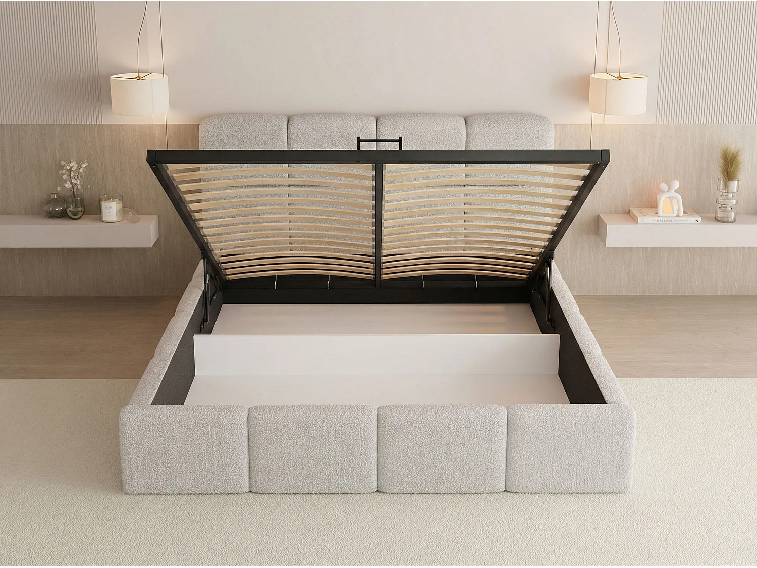 Polsterbett 180x200 mit Bettkasten und Lattenrost – Hohes Kopfteil, Boucle oder Samt Stoff – Modernes Doppelbett – Bettgestell, ohne Matratze – Tivio – Grau