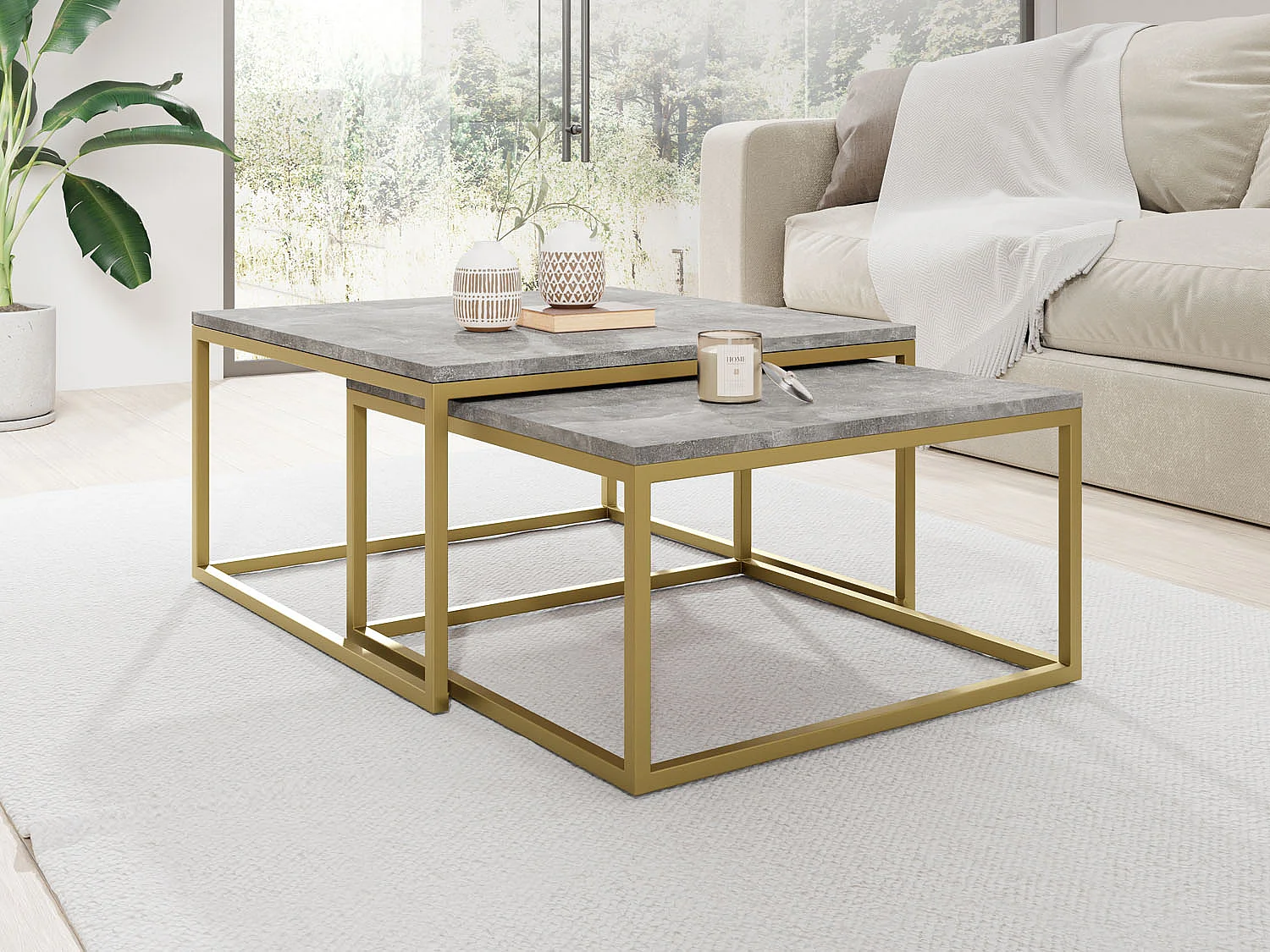 Rechteckige Quadratische Satztische Couchtische mit Gold Gestell - Loft Style Couchtische Metallbeine - 2 in 1 - Zwei Getrennte Tische für Wohnzimmer - Grauer Beton