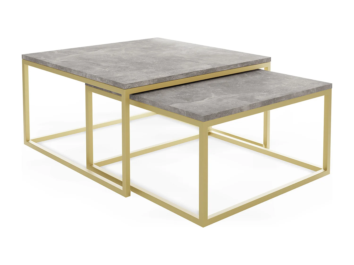 Rechteckige Quadratische Satztische Couchtische mit Gold Gestell - Loft Style Couchtische Metallbeine - 2 in 1 - Zwei Getrennte Tische für Wohnzimmer - Grauer Beton