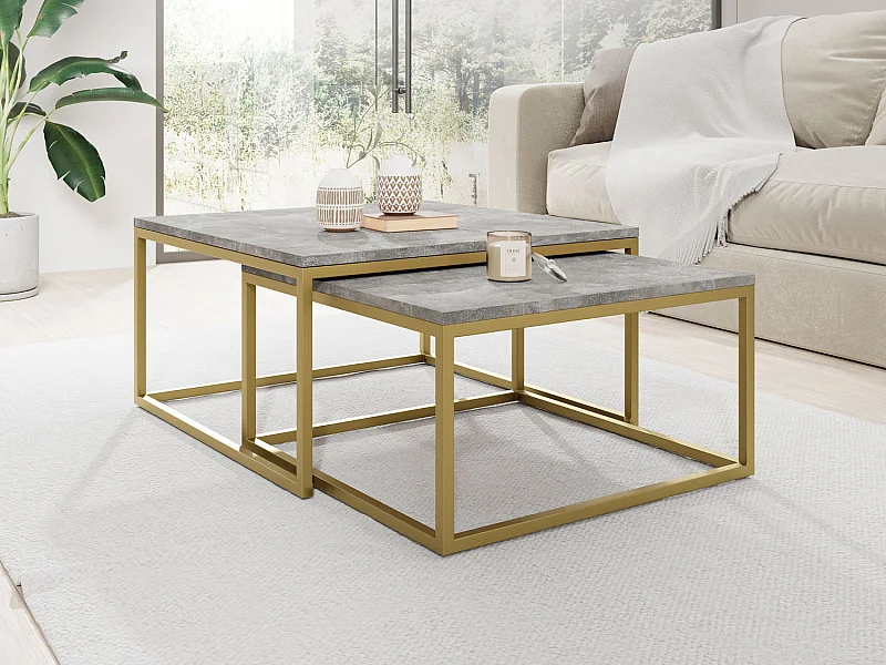 Rechteckige Quadratische Satztische Couchtische mit Gold Gestell - Loft Style Couchtische Metallbeine - 2 in 1 - Zwei Getrennte Tische für Wohnzimmer - Grauer Beton