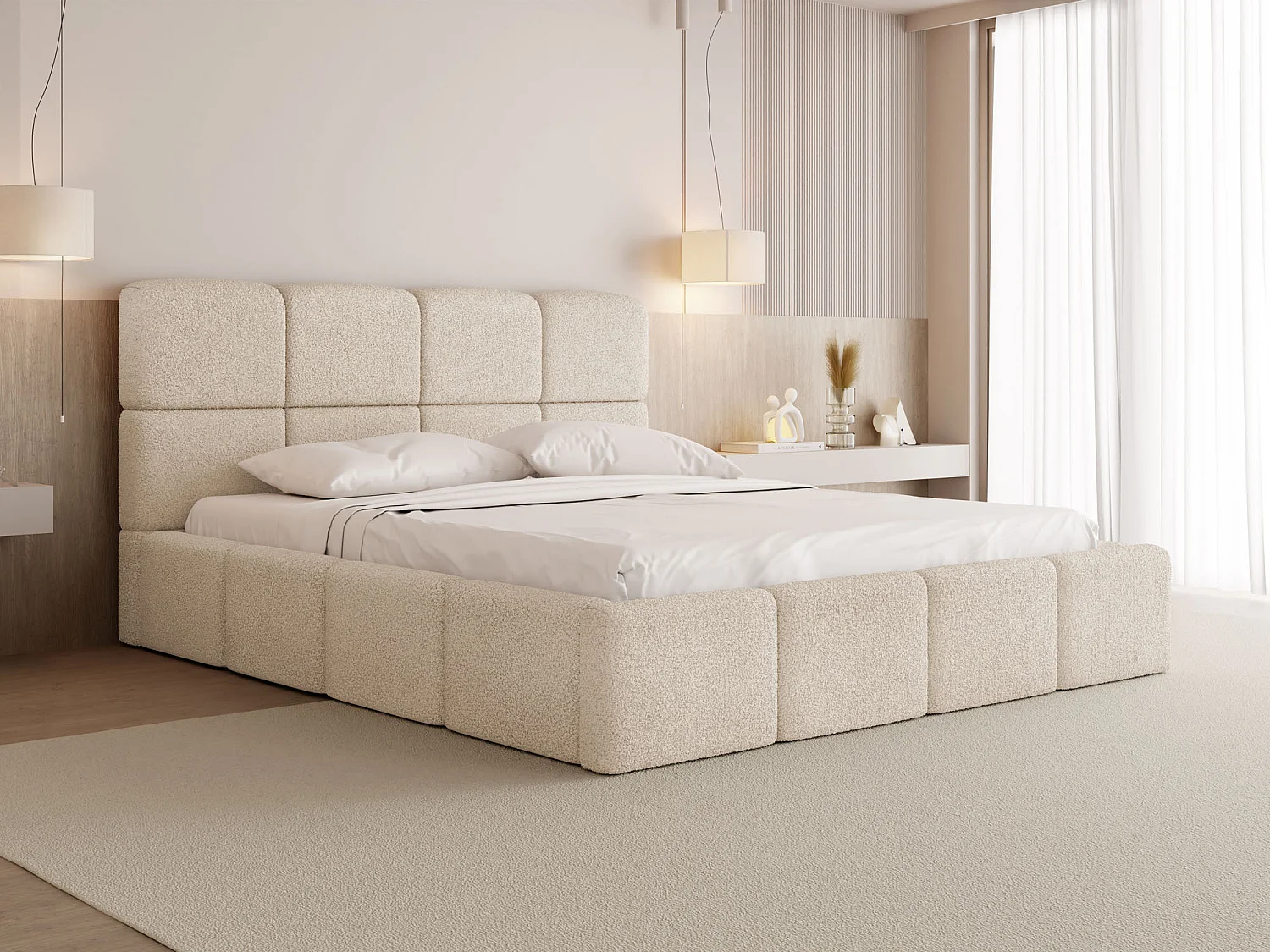 Polsterbett 180x200 mit Bettkasten und Lattenrost – Hohes Kopfteil, Boucle oder Samt Creme – Modernes Doppelbett – Bettgestell, ohne Matratze – Tivio – Beige