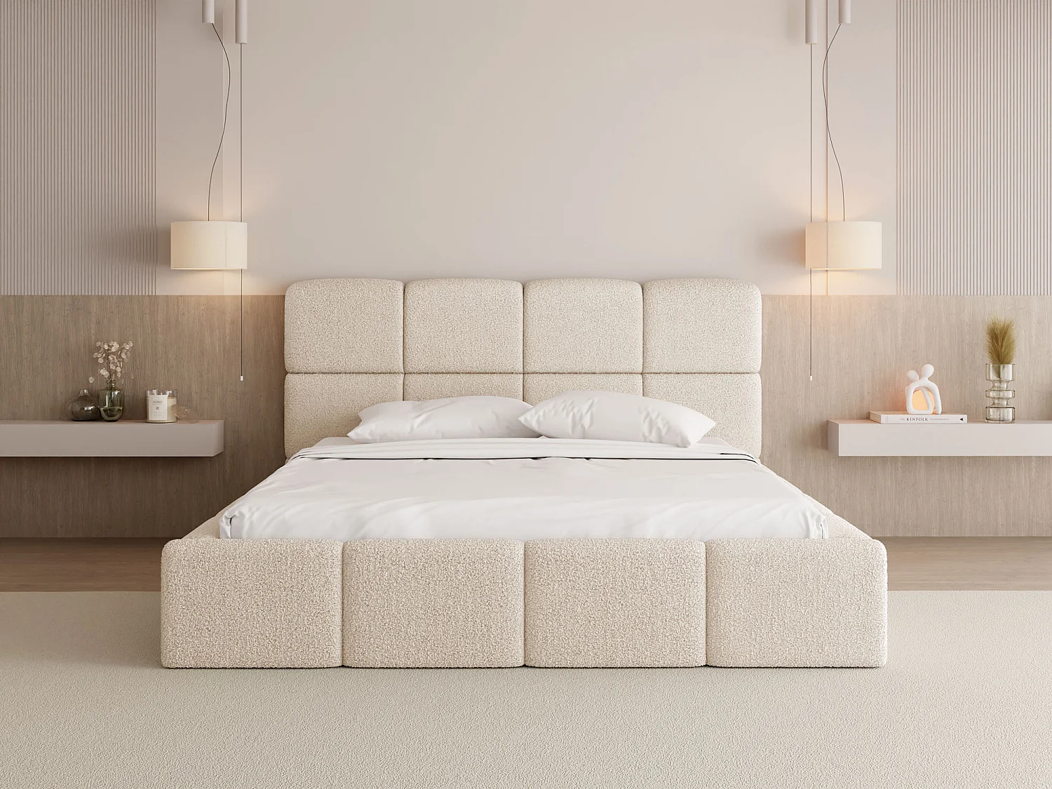 Polsterbett 180x200 mit Bettkasten und Lattenrost – Hohes Kopfteil, Boucle oder Samt Creme – Modernes Doppelbett – Bettgestell, ohne Matratze – Tivio – Beige