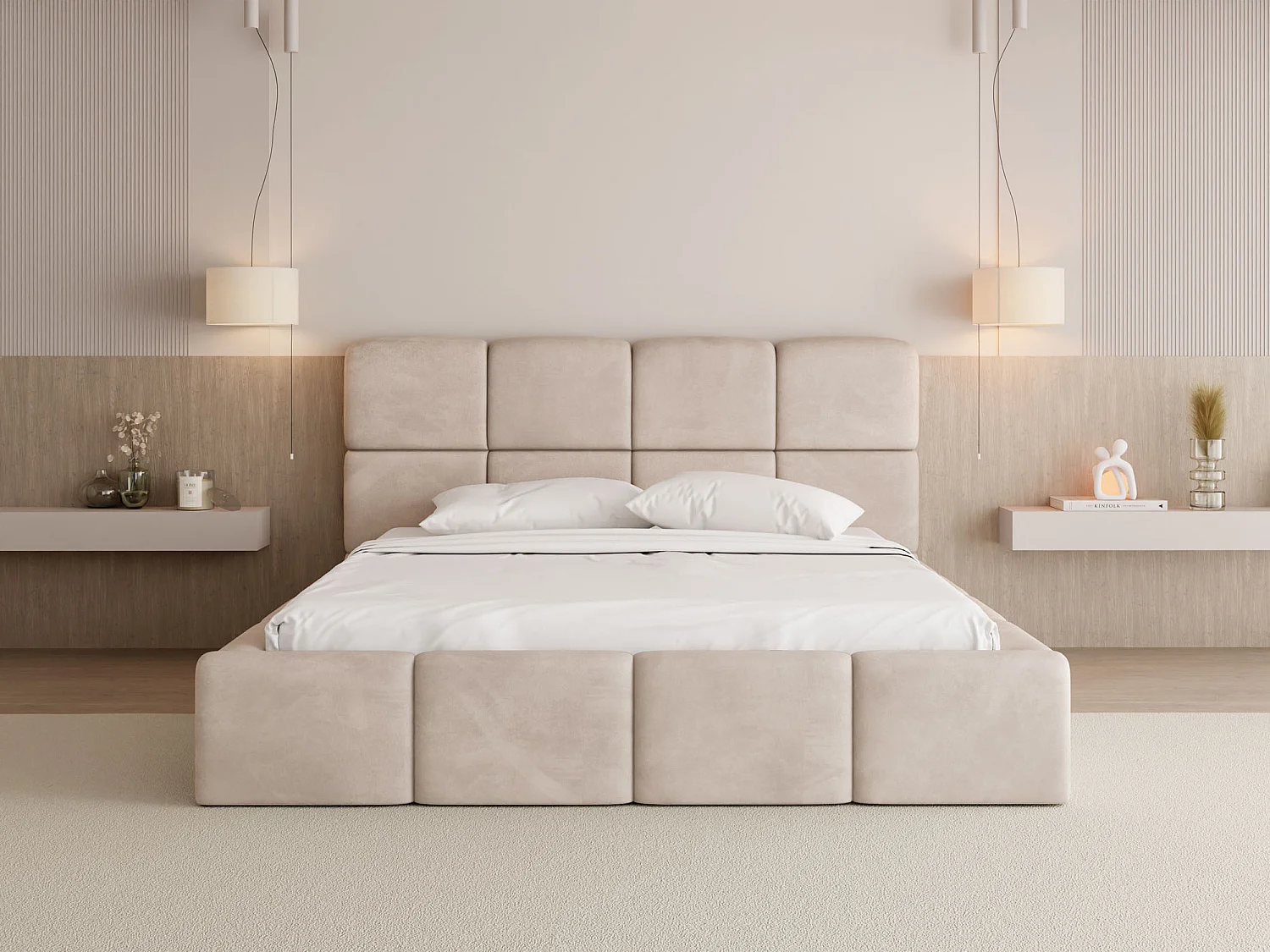 Polsterbett 200x200 mit Bettkasten und Lattenrost – Hohes Kopfteil, Boucle oder Samt Creme – Modernes Doppelbett – Bettgestell, ohne Matratze – Tivio – Beige