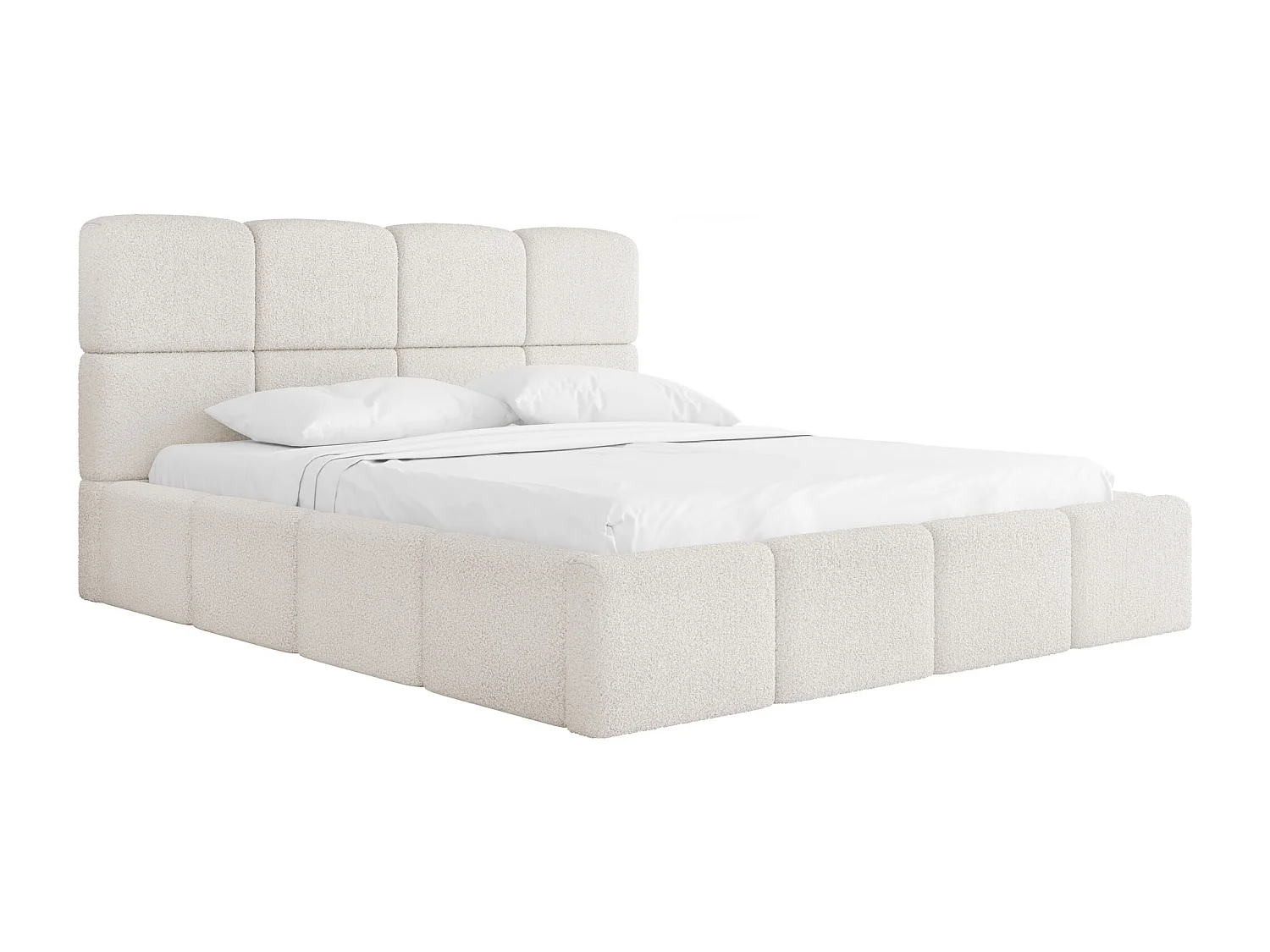 Polsterbett 160x200 mit Bettkasten und Lattenrost – Hohes Kopfteil, Boucle oder Samt Weiß – Modernes Doppelbett – Bettgestell, ohne Matratze – Tivio – Creme