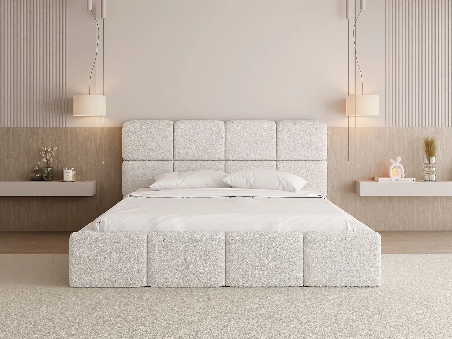 Polsterbett 160x200 mit Bettkasten und Lattenrost – Hohes Kopfteil, Boucle oder Samt Weiß – Modernes Doppelbett – Bettgestell, ohne Matratze – Tivio – Creme
