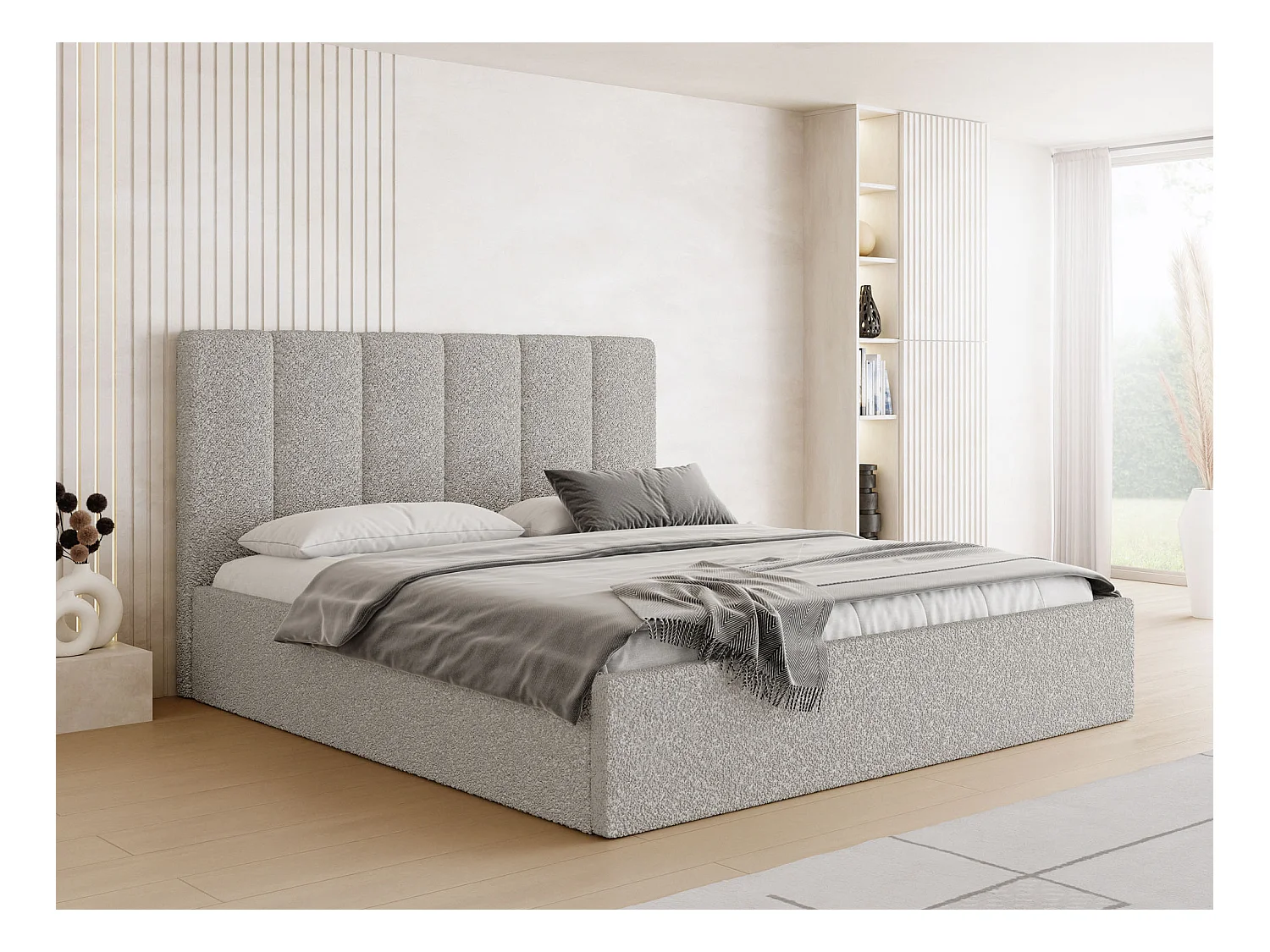 Lit capitonné 120x200 Gris Bouclé avec coffre – Cadre de lit moderne avec rangement – Amira Slim