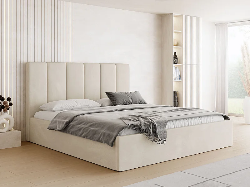 Lit capitonné 160x200 Crème Velours avec coffre – Cadre de lit moderne avec rangement – Amira Slim