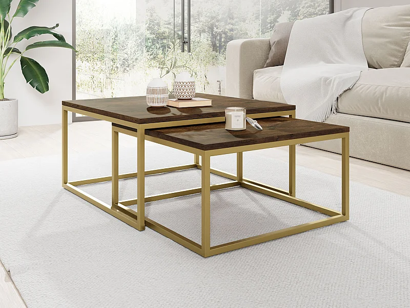 Rechteckige Quadratische Satztische Couchtische mit Gold Gestell - Loft Style Couchtische Metallbeine - 2 in 1 - Zwei Getrennte Tische für Wohnzimmer - Lefkas Eiche