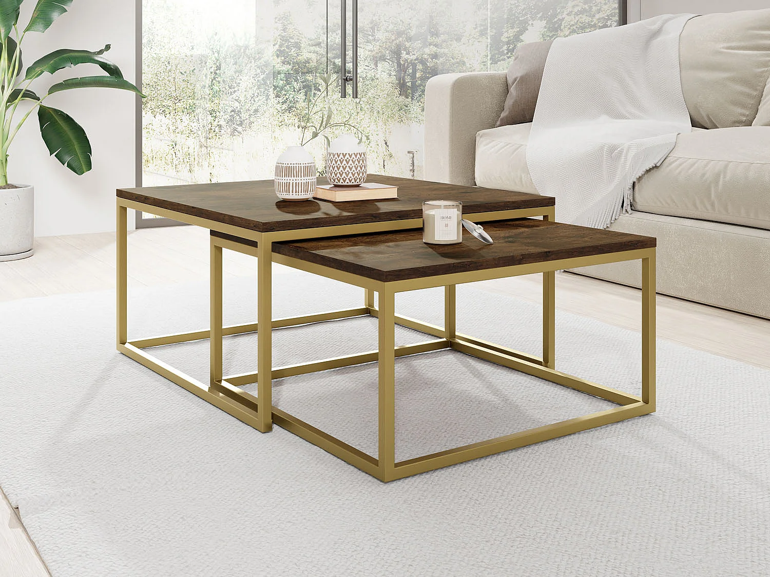 Rechteckige Quadratische Satztische Couchtische mit Gold Gestell - Loft Style Couchtische Metallbeine - 2 in 1 - Zwei Getrennte Tische für Wohnzimmer - Lefkas Eiche