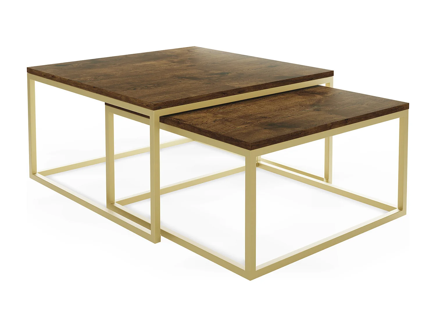 Rechteckige Quadratische Satztische Couchtische mit Gold Gestell - Loft Style Couchtische Metallbeine - 2 in 1 - Zwei Getrennte Tische für Wohnzimmer - Lefkas Eiche