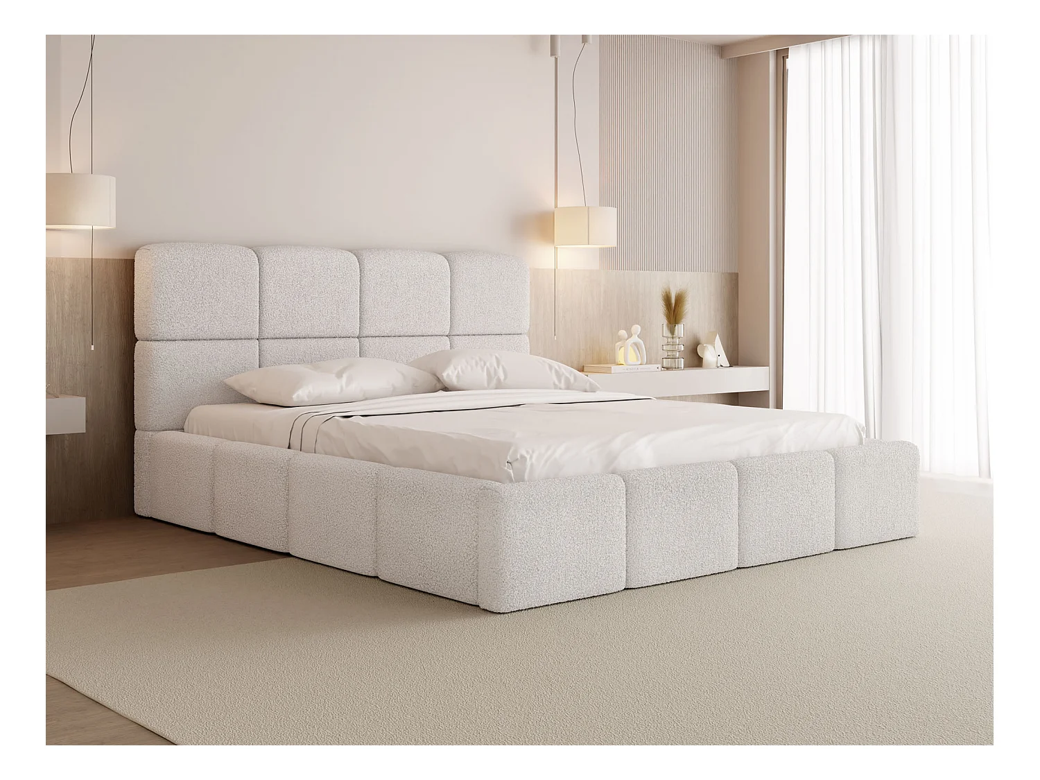 Lit Rembourré 200x200 Lit Coffre avec Rangement – Lit Capitonné Blanc Écru en Tissu Bouclette – Lit Double Moderne avec Tête de Lit – Lit Adulte – Tivio – Crème