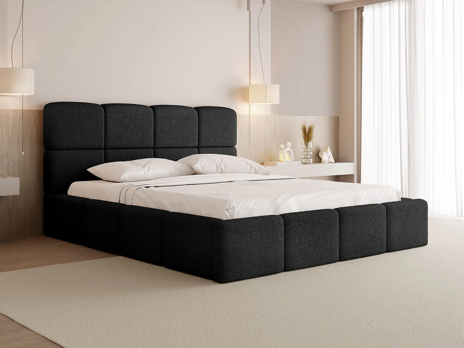 Polsterbett 160x200 mit Bettkasten und Lattenrost – Hohes Kopfteil, Boucle oder Samt Stoff – Modernes Doppelbett – Bettgestell, ohne Matratze – Tivio – Schwarz