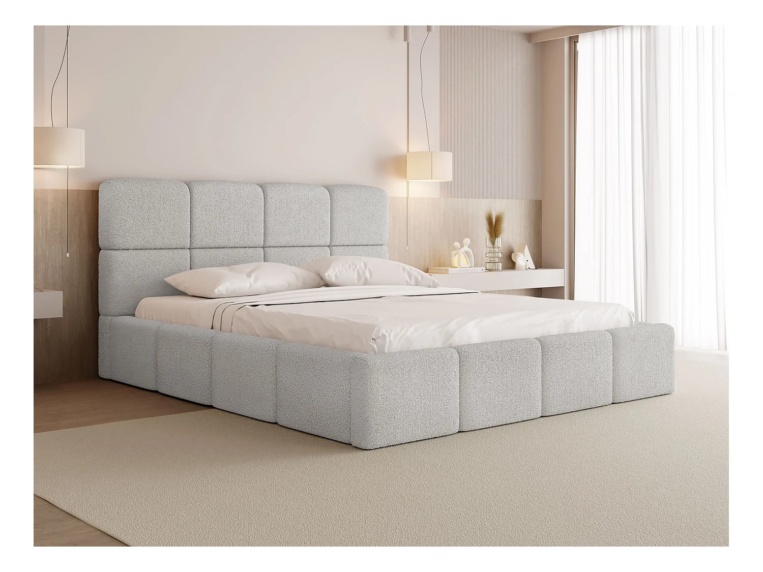 Lit Rembourré 120x200 Lit Coffre avec Rangement – Lit Capitonné en Tissu Bouclette Gris – Lit Double Moderne avec Tête de Lit –Lit Adulte – Tivio – Gris