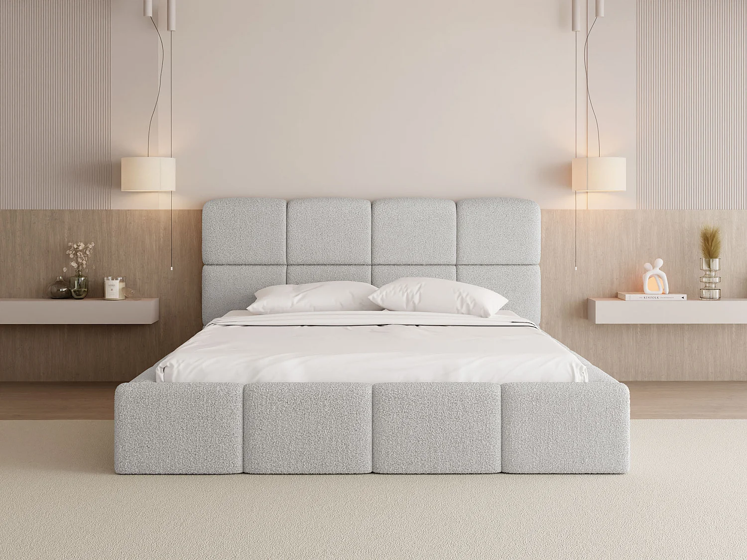 Polsterbett 120x200 mit Bettkasten und Lattenrost – Hohes Kopfteil, Boucle oder Samt Stoff – Modernes Doppelbett – Bettgestell, ohne Matratze – Tivio – Grau