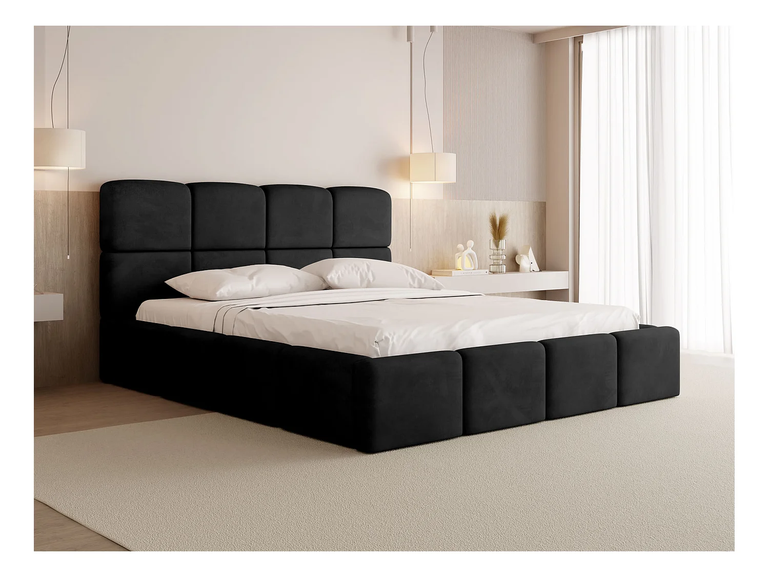 Lit Rembourré 180x200 Lit Coffre avec Rangement – Lit Capitonné Noir en Tissu Velours – Lit Double Moderne avec Tête de Lit – Lit Adulte – Tivio – Noir