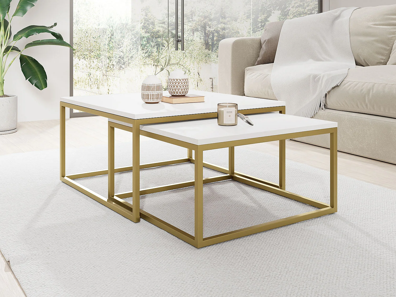 Rechteckige Quadratische Satztische Couchtische mit Gold Gestell  - Loft Style Couchtische Metallbeine - 2 in 1 - Zwei Getrennte Tische für Wohnzimmer - Weiß