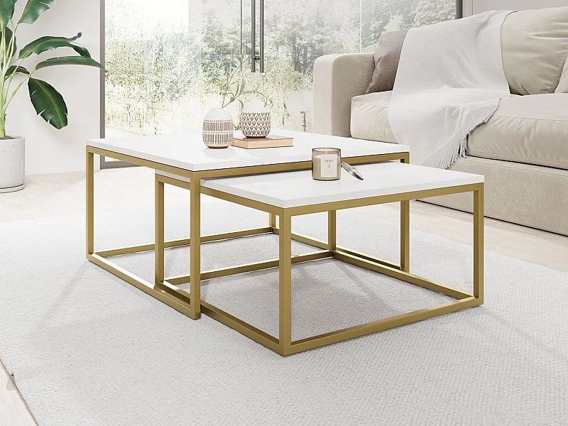 Rechteckige Quadratische Satztische Couchtische mit Gold Gestell  - Loft Style Couchtische Metallbeine - 2 in 1 - Zwei Getrennte Tische für Wohnzimmer - Weiß