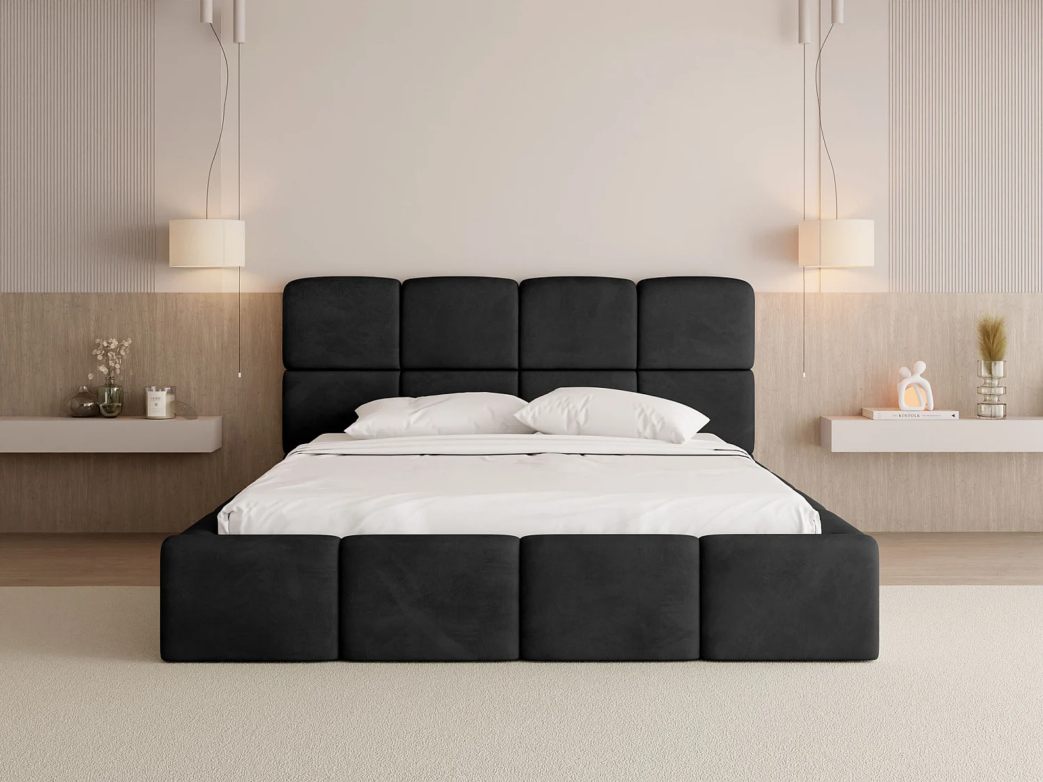 Polsterbett 200x200 mit Bettkasten und Lattenrost – Hohes Kopfteil, Boucle oder Samt Stoff – Modernes Doppelbett – Bettgestell, ohne Matratze – Tivio – Schwarz