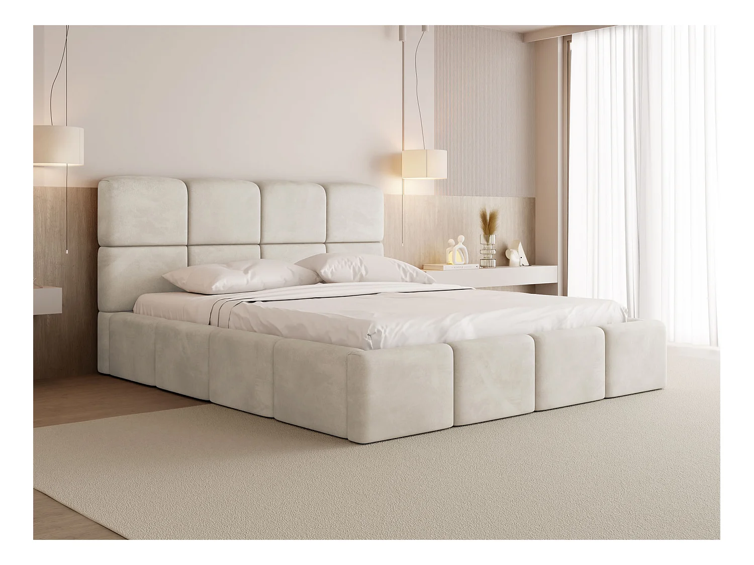 Lit Rembourré 160x200 Lit Coffre avec Rangement – Lit Capitonné Blanc Écru en Tissu Velours – Lit Double Moderne avec Tête de Lit – Lit Adulte – Tivio – Crème