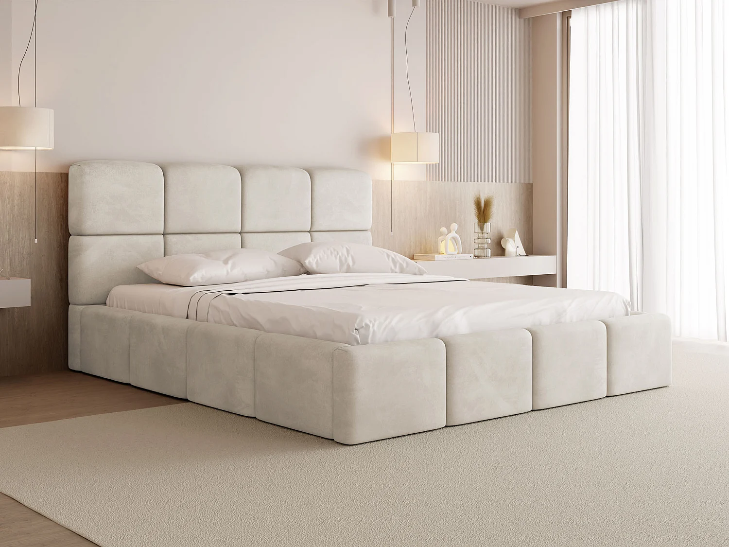 Polsterbett 160x200 mit Bettkasten und Lattenrost – Hohes Kopfteil, Boucle oder Samt Weiß – Modernes Doppelbett – Bettgestell, ohne Matratze – Tivio – Creme