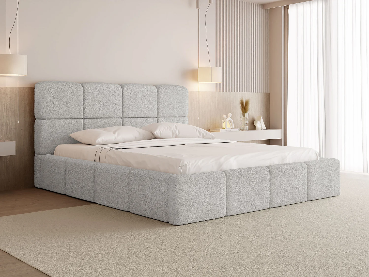 Polsterbett 140x200 mit Bettkasten und Lattenrost – Hohes Kopfteil, Boucle oder Samt Stoff – Modernes Doppelbett – Bettgestell, ohne Matratze – Tivio – Grau