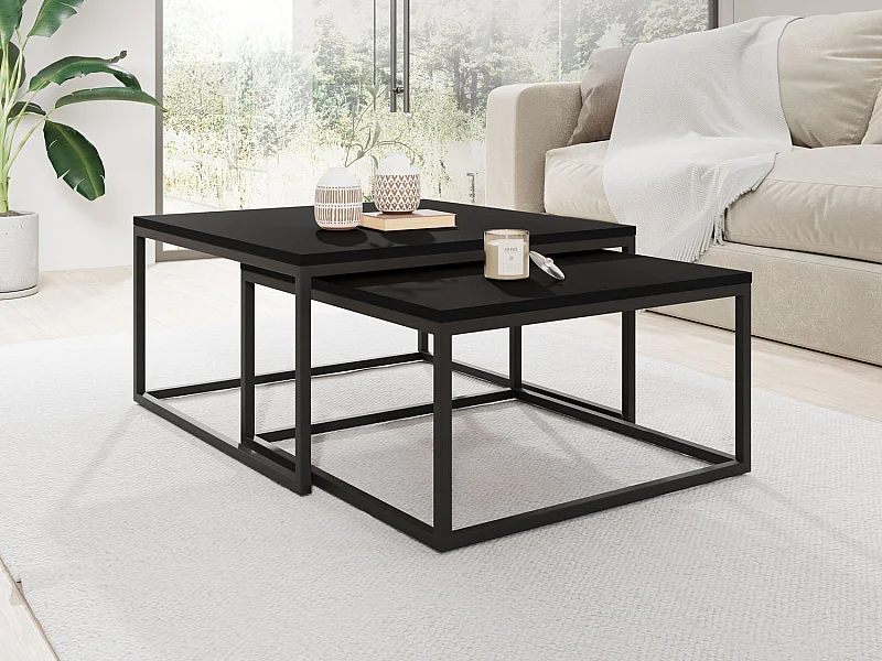 Rechteckige Quadratische Satztische Couchtische mit Schwarz Gestell - Loft Style Couchtische Metallbeine - 2 in 1 - Zwei Getrennte Tische für Wohnzimmer - Schwarz