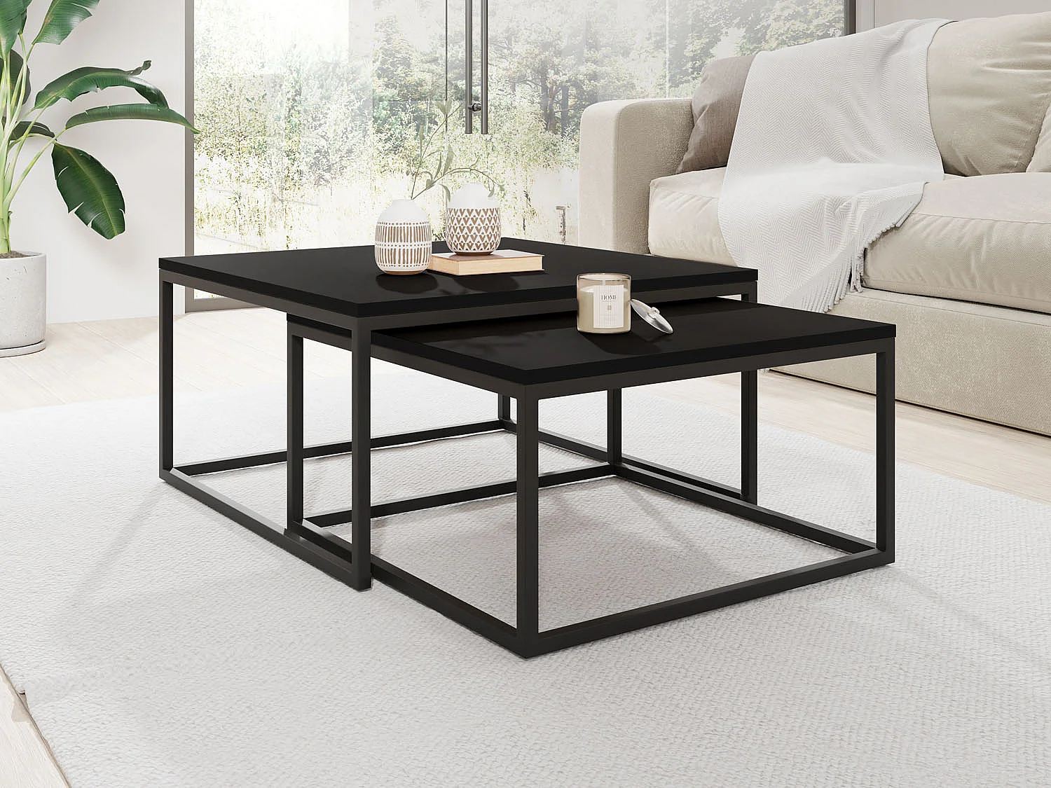 Rechteckige Quadratische Satztische Couchtische mit Schwarz Gestell - Loft Style Couchtische Metallbeine - 2 in 1 - Zwei Getrennte Tische für Wohnzimmer - Schwarz