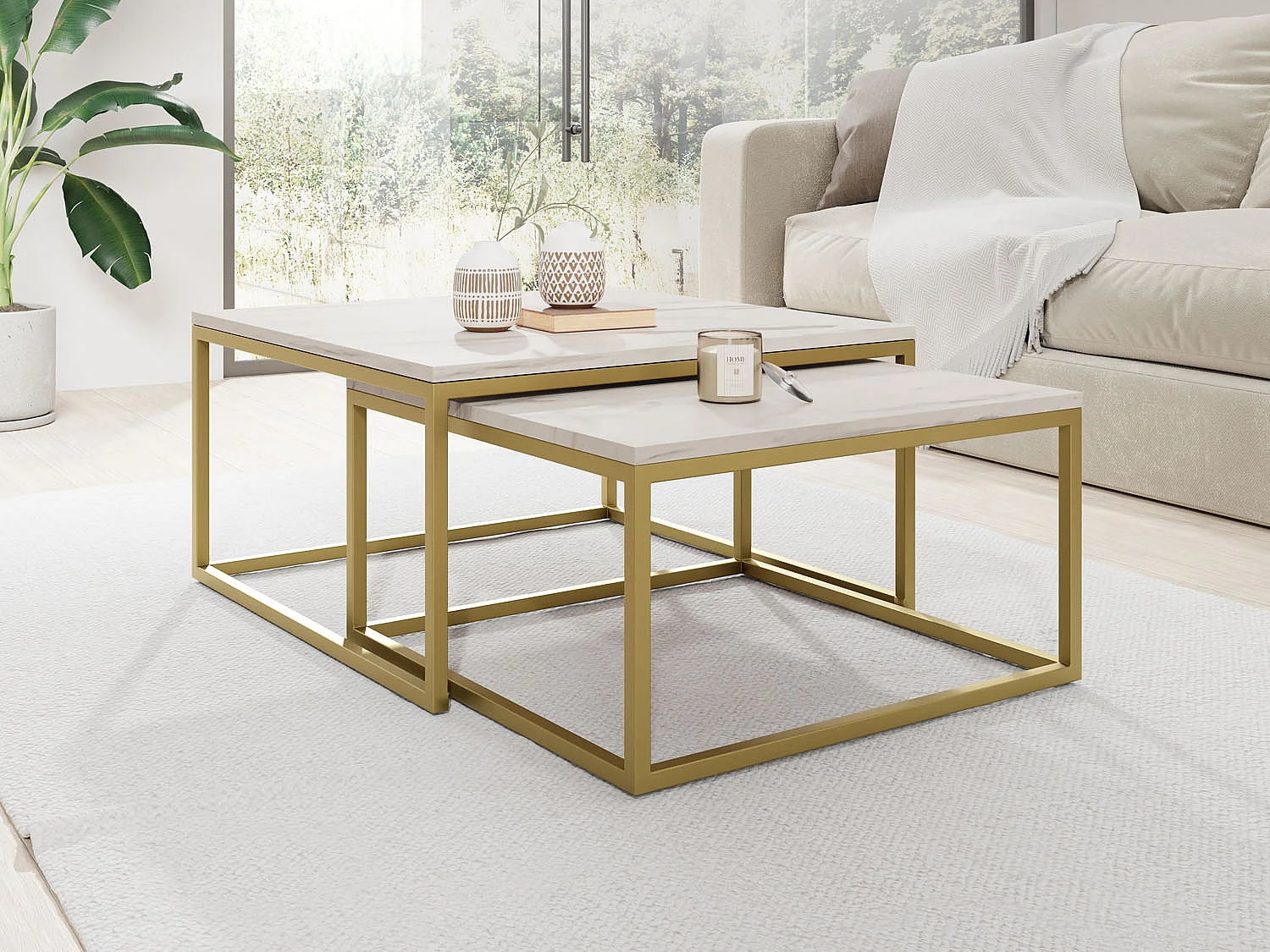 Rechteckige Quadratische Satztische Couchtische mit Gold Gestell - Loft Style Couchtische Metallbeine - 2 in 1 - Zwei Getrennte Tische für Wohnzimmer - Marmor Weiß