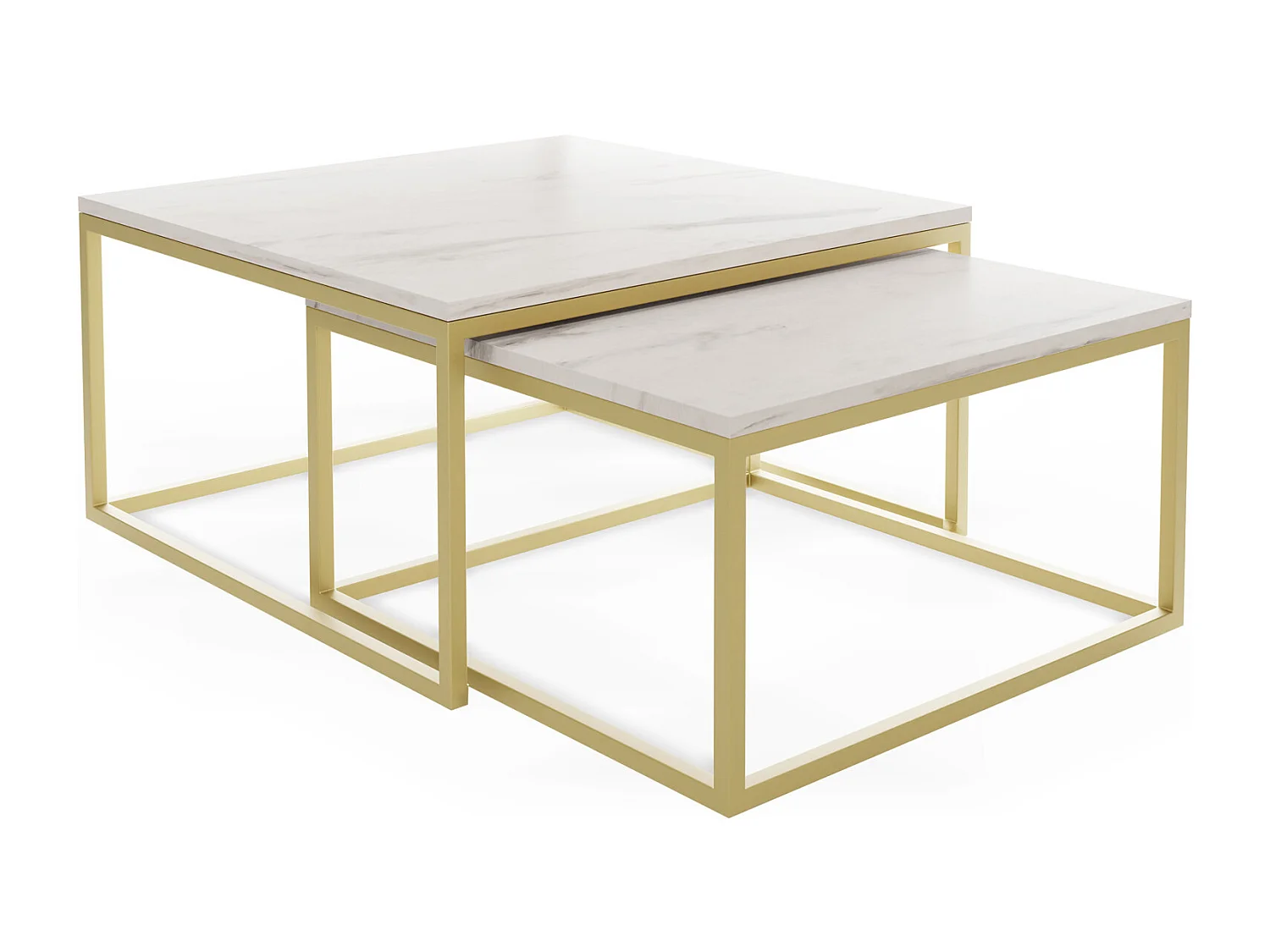Rechteckige Quadratische Satztische Couchtische mit Gold Gestell - Loft Style Couchtische Metallbeine - 2 in 1 - Zwei Getrennte Tische für Wohnzimmer - Marmor Weiß