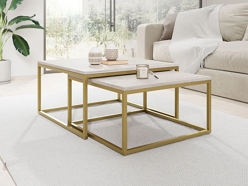 Rechteckige Quadratische Satztische Couchtische mit Gold Gestell - Loft Style Couchtische Metallbeine - 2 in 1 - Zwei Getrennte Tische für Wohnzimmer - Marmor Weiß