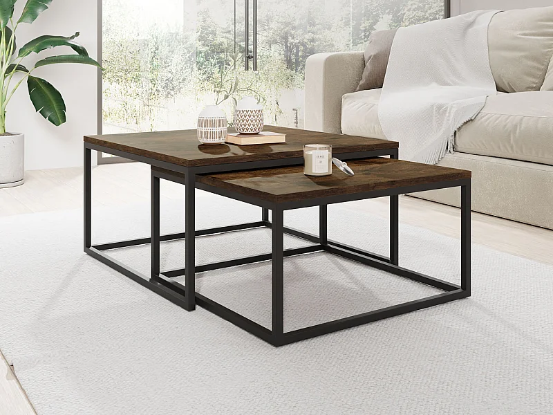 Rechteckige Quadratische Satztische Couchtische mit Schwarz Gestell - Loft Couchtische Metallbeine - 2 in 1 - Zwei Getrennte Tische für Wohnzimmer - Lefkas Eiche