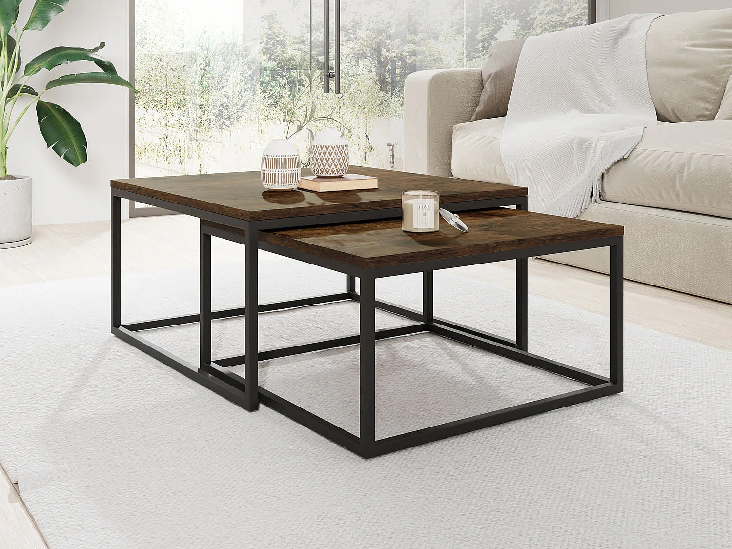 Rechteckige Quadratische Satztische Couchtische mit Schwarz Gestell - Loft Couchtische Metallbeine - 2 in 1 - Zwei Getrennte Tische für Wohnzimmer - Lefkas Eiche