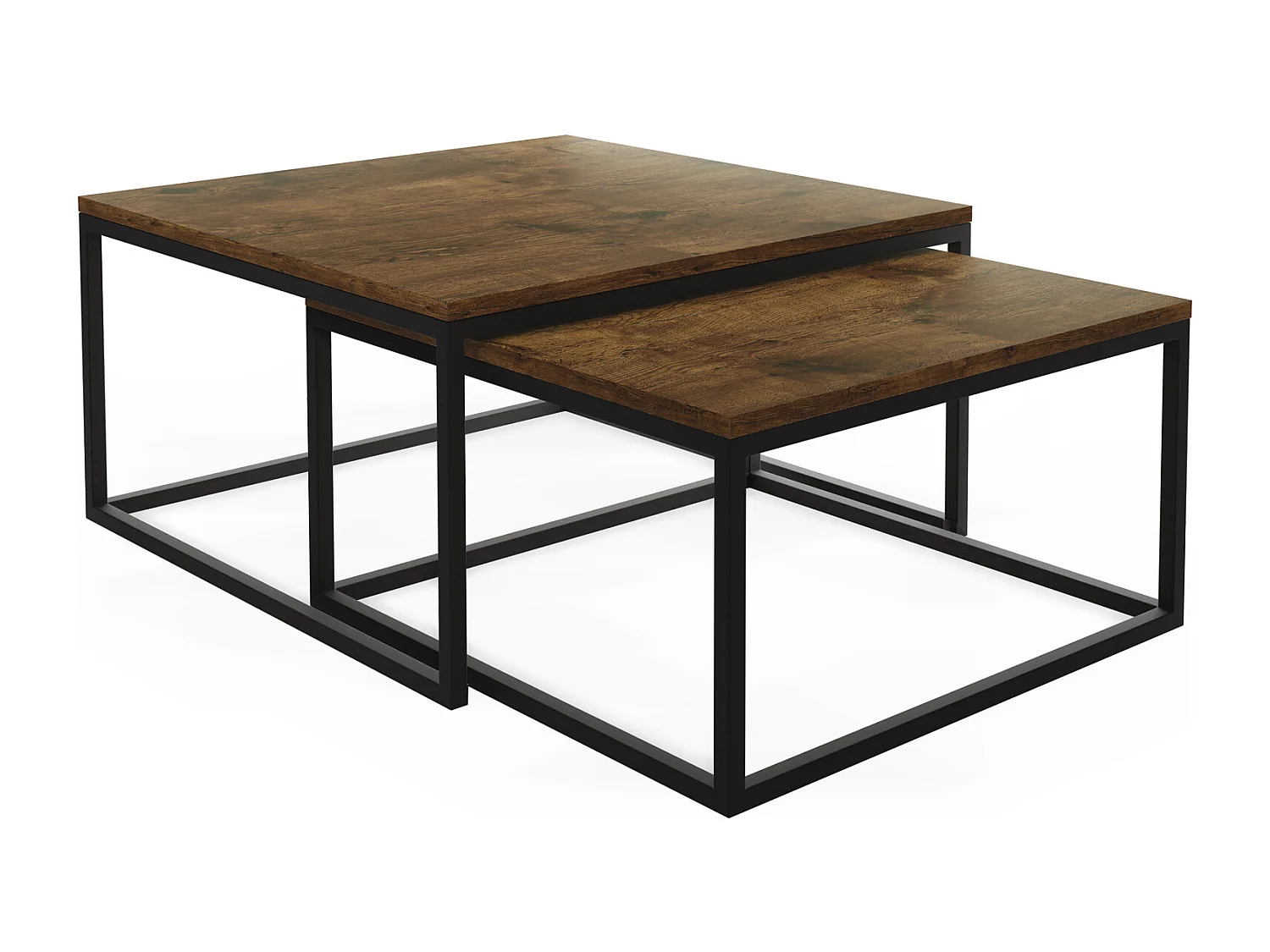 Rechteckige Quadratische Satztische Couchtische mit Schwarz Gestell - Loft Couchtische Metallbeine - 2 in 1 - Zwei Getrennte Tische für Wohnzimmer - Lefkas Eiche