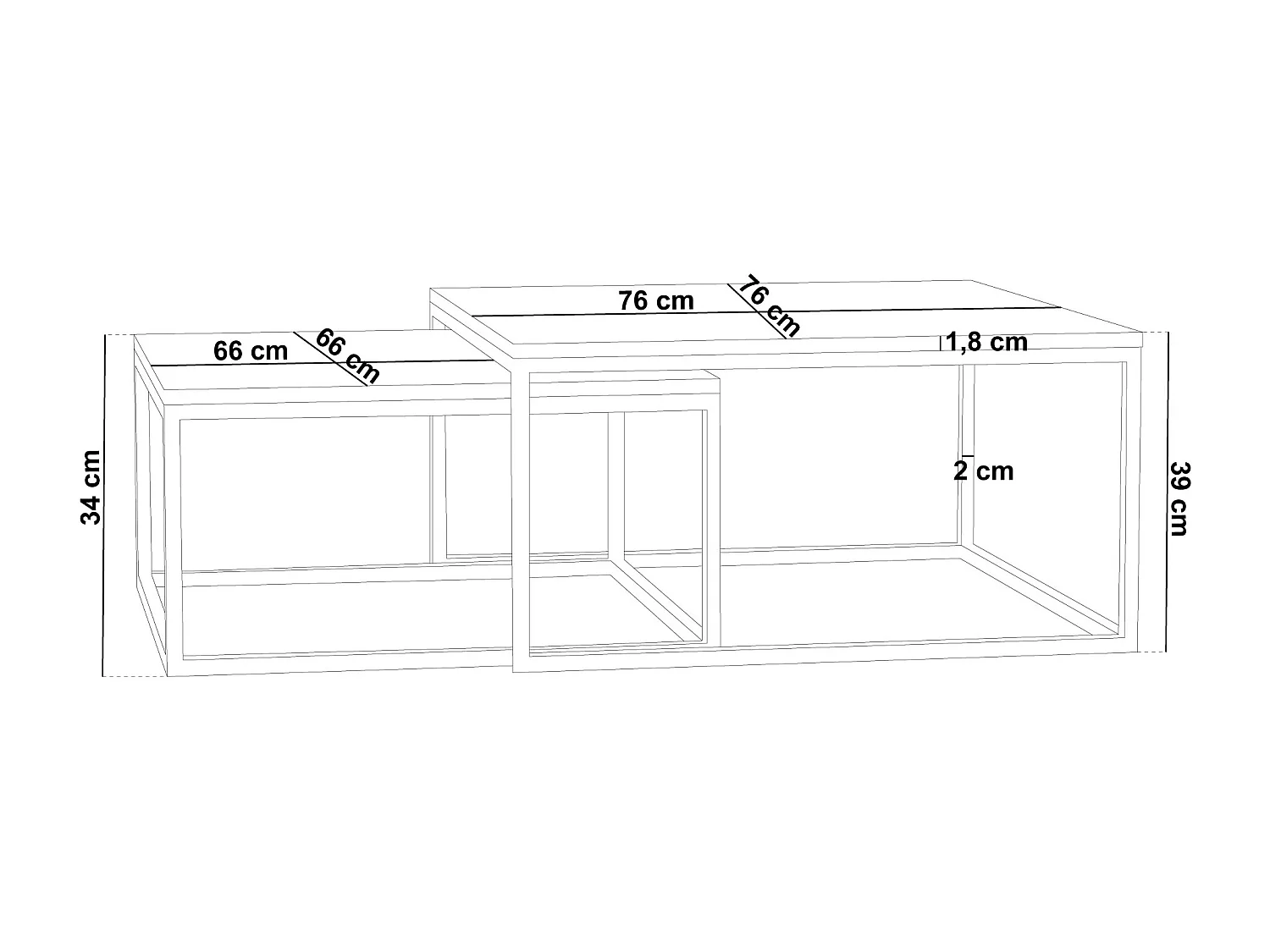 Rechteckige Quadratische Satztische Couchtische mit Schwarz Gestell - Loft Couchtische Metallbeine - 2 in 1 - Zwei Getrennte Tische für Wohnzimmer - Lefkas Eiche
